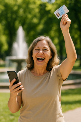 starší paní mává občankou v ruce má mobil